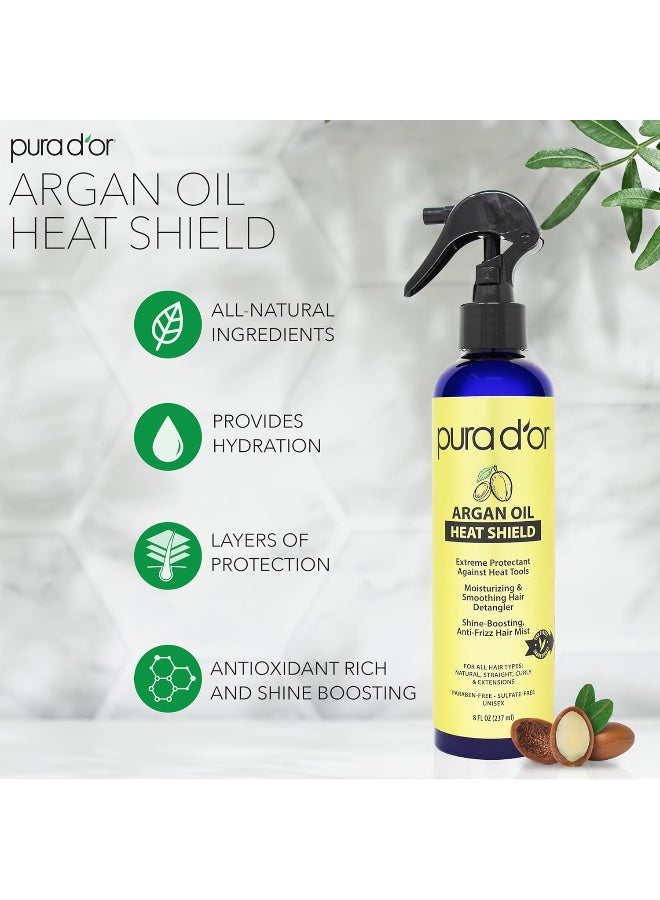 PURA D'OR 8 Oz Argan Oil Heat Shield Protectant Spray with Select Organic Ingredients, Protects Up To 450º F From Flat Iron & Hot Blow Dry, Leave-In, Define & Shine Dry & Damaged Hair - Image 3